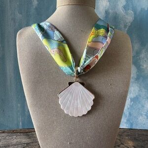 Seashell Pendant Scarf Necklace in Pastel Aqua & Pink
